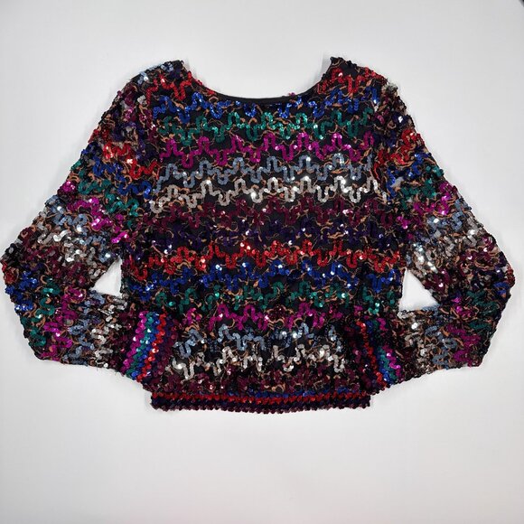 Vintage 80's Rainbow Sequins Sheer Disco Retro Shirt - Picture 7 of 12